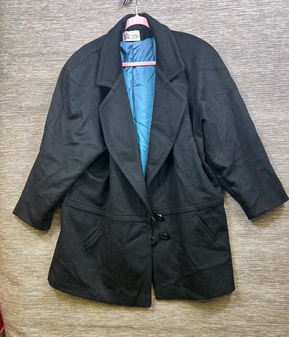 Vintage Worumbo Coat Womens Sz L Black Wool Toggle Mid Length Lined Overcoat USA